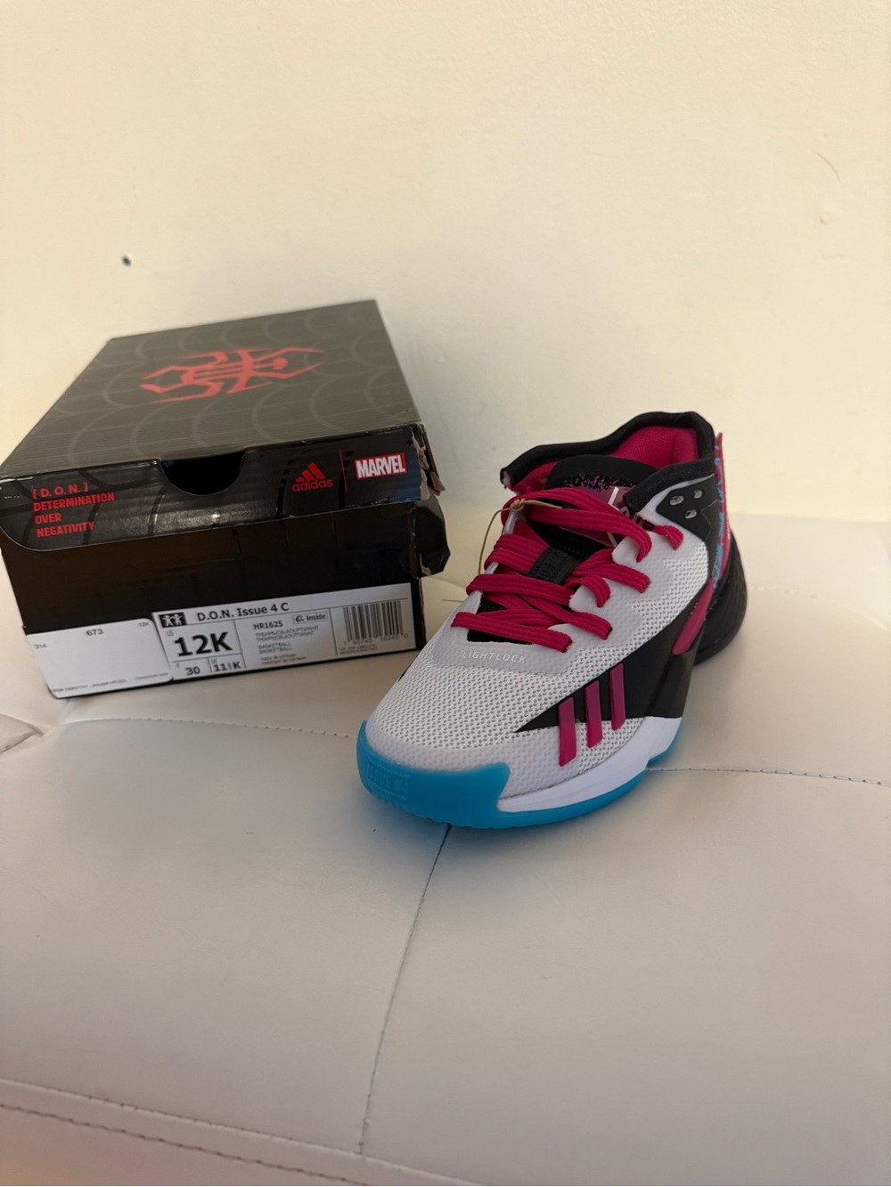 adidas Kids Low-Top Basketball Shoe in White, Pink & Blue